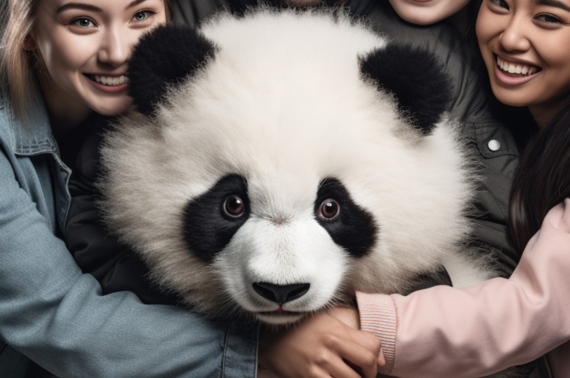 People embracing a panda