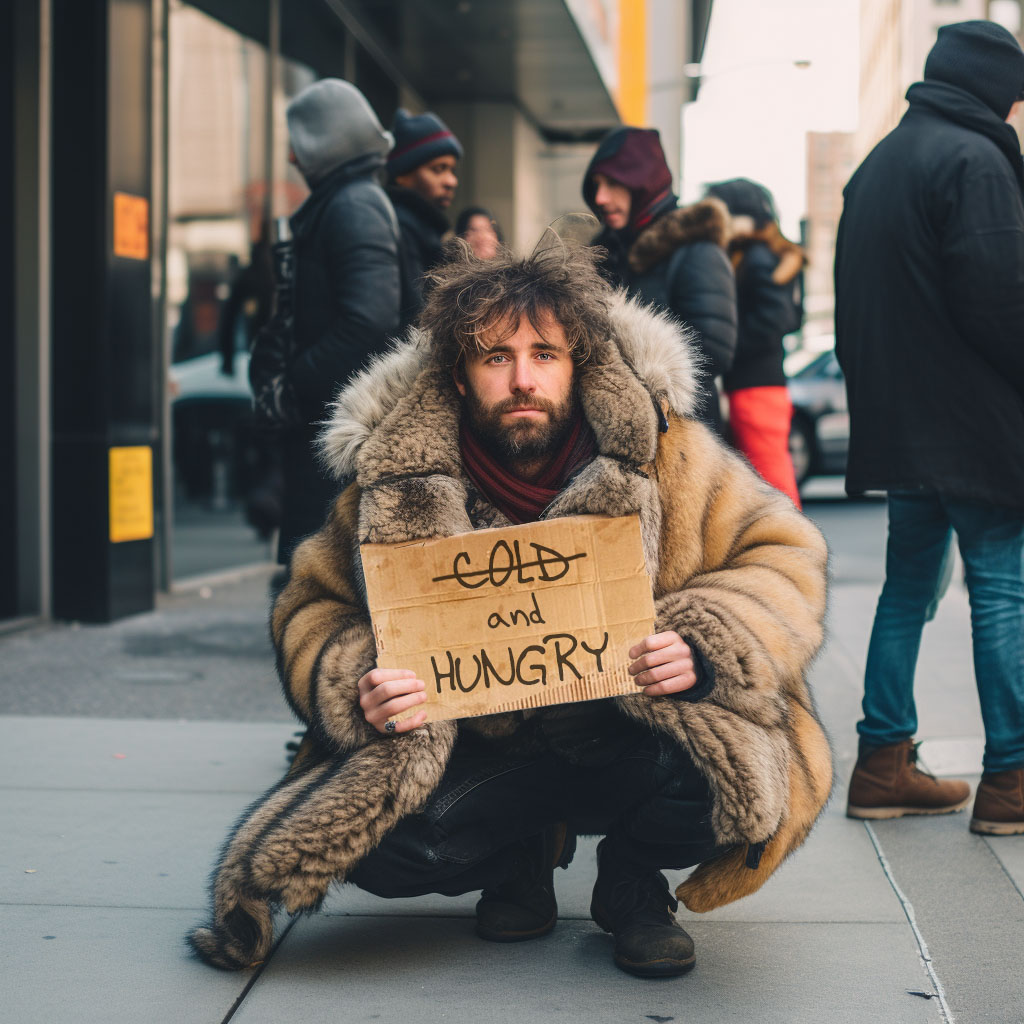 homeless man wearing a fur coat