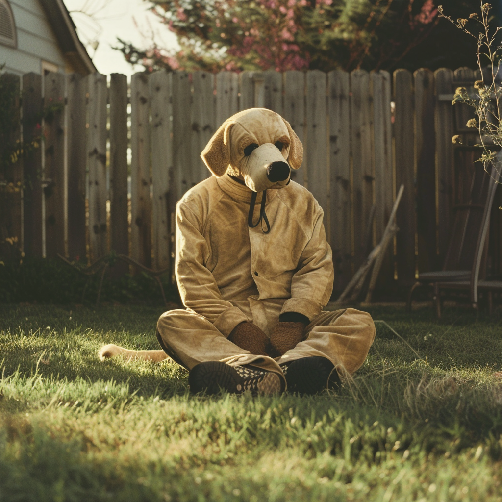 Human in dog costume sitting in back yard